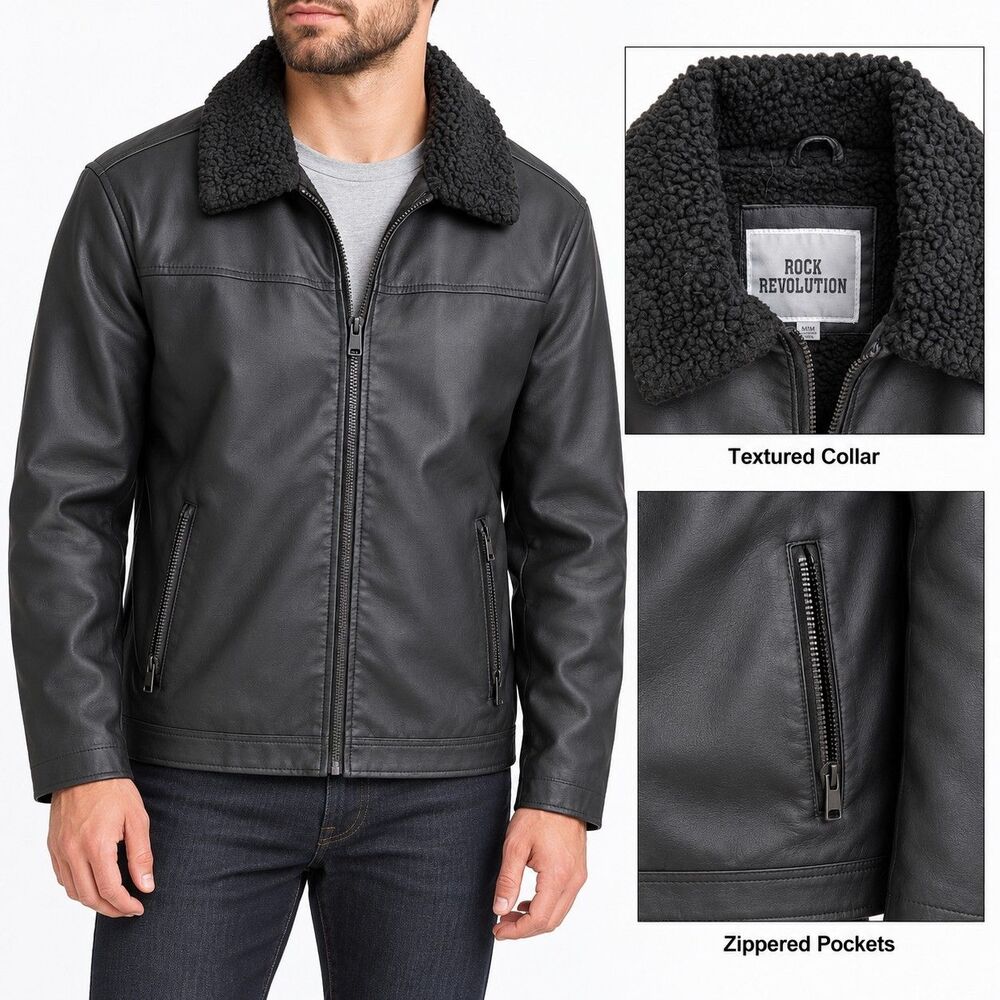 Rock Revolution Men's Faux Leather Aviator Jacket w/Black Sherpa Lining